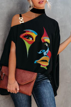 Black Fashion Casual Print Hollowed Out Patchwork Turtleneck Tops