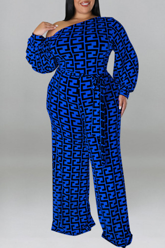 Peacock Blue Casual Print Bandage Patchwork Oblique Collar Plus Size Jumpsuits
