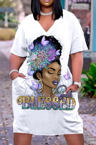 White Purple Fashion Casual Print Patchwork V Neck Short Sleeve Dress