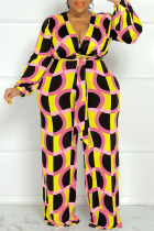 Yellow Casual Print Patchwork V Neck Plus Size Jumpsuits