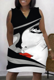 White Black Fashion Casual Print Patchwork V Neck Sleeveless Plus Size Dress