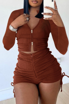 Brownness Fashion Casual Solid Patchwork V Neck Long Sleeve Two Pieces