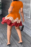 Orange Fashion Casual Print Patchwork O Neck Short Sleeve Dress