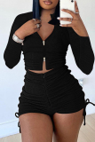Black Fashion Casual Solid Patchwork V Neck Long Sleeve Two Pieces