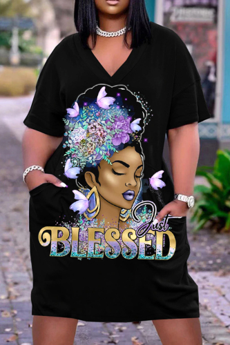 Black Purple Fashion Casual Print Patchwork V Neck Short Sleeve Dress