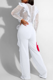 White Sexy Solid Lace Bandage Patchwork Flounce V Neck Straight Jumpsuits
