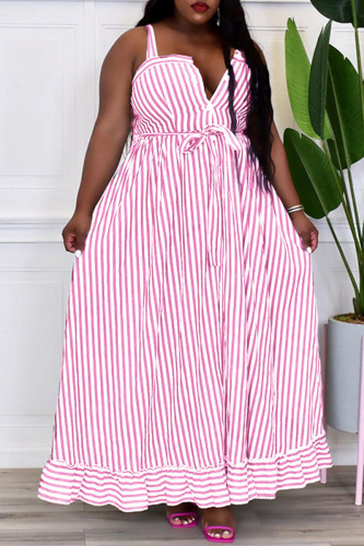 Rose Red Casual Sweet Striped Print Patchwork Buckle Spaghetti Strap Sling Dress Dresses