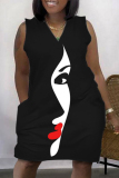 Black Gray Fashion Casual Print Patchwork V Neck Sleeveless Plus Size Dress
