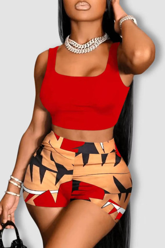 Red Casual Print Patchwork U Neck Sleeveless Two Pieces