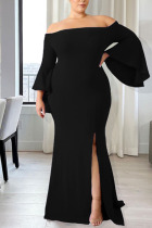 Black Sexy Solid Patchwork Slit Off the Shoulder Evening Dress Plus Size Dresses