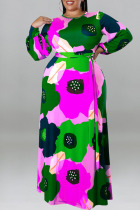 Green Casual Print Bandage Patchwork O Neck Straight Plus Size Dresses