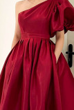 Red Elegant Solid Patchwork Oblique Collar Evening Dress Dresses