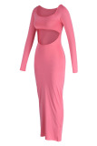 Pink Fashion Sexy Solid Hollowed Out Patchwork Square Collar Long Sleeve Dresses
