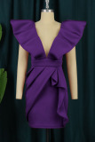 Purple Sexy Solid Patchwork Flounce Fold V Neck Evening Dress Plus Size Dresses
