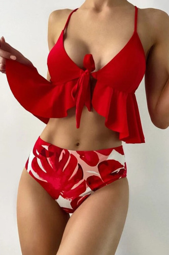 Red Sexy Print Bandage Patchwork Flounce Swimwears