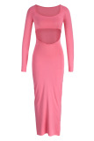 Pink Fashion Sexy Solid Hollowed Out Patchwork Square Collar Long Sleeve Dresses