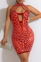 Red Fashion Sexy Patchwork Hot Drilling Hollowed Out Backless Turtleneck Sleeveless Dress