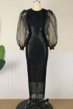 Black Elegant Solid Sequins Patchwork Slit O Neck One Step Skirt Dresses