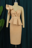 Khaki Elegant Solid Patchwork Flounce Fold Asymmetrical Collar Evening Dress Dresses
