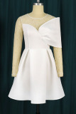 White Elegant Solid Draw String O Neck Evening Dress Dresses