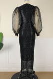 Black Elegant Solid Sequins Patchwork Slit O Neck One Step Skirt Dresses