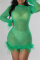 Green Fashion Sexy Patchwork Hot Drilling See-through Feathers O Neck Long Sleeve Dresses