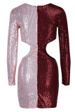 Burgundy Sexy Solid Hollowed Out Patchwork Sequins O Neck A Line Dresses