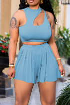 Sky Blue Fashion Casual Solid Hollowed Out O Neck Sleeveless Two Pieces