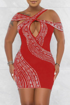 Red Fashion Sexy Patchwork Hot Drilling Hollowed Out Backless V Neck Sleeveless Dress Dresses