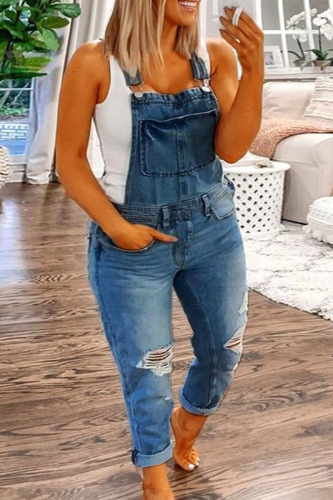 Dark Blue Street Print Solid Ripped Patchwork Buttons Off the Shoulder Regular Jumpsuits