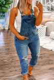 Baby Blue Street Print Solid Ripped Patchwork Buttons Off the Shoulder Regular Jumpsuits