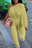 Olive Green Casual Solid Patchwork Oblique Collar Straight Jumpsuits