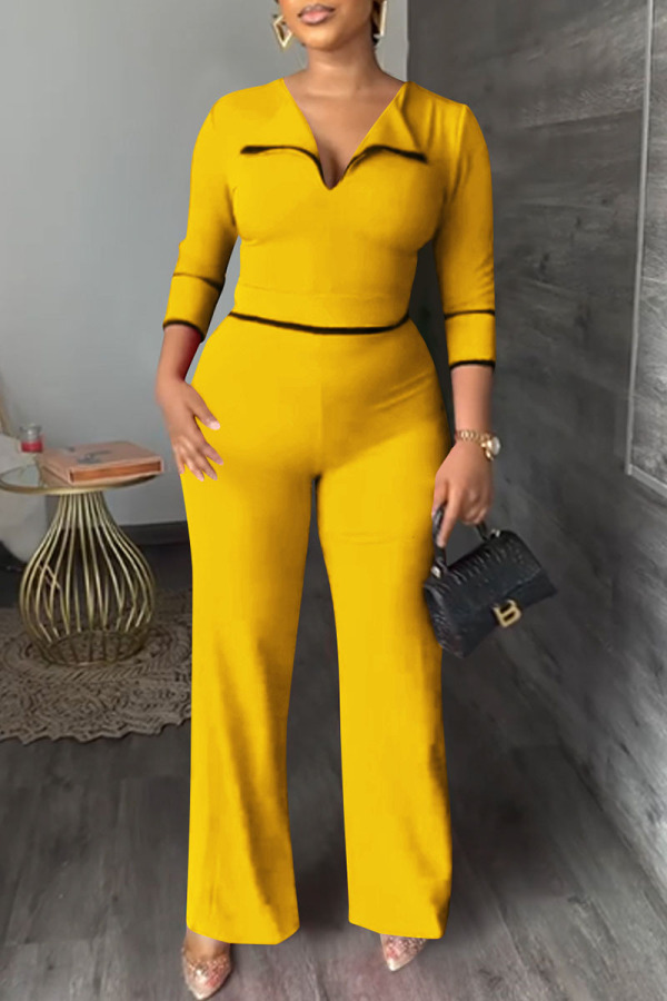 Yellow Fashion Casual Solid Patchwork Turndown Collar Regular Jumpsuits