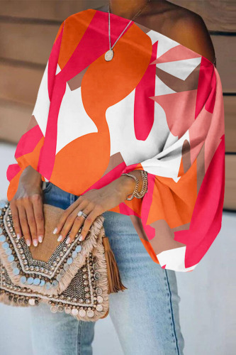 Orange Pink Fashion Casual Print Patchwork Off the Shoulder Tops