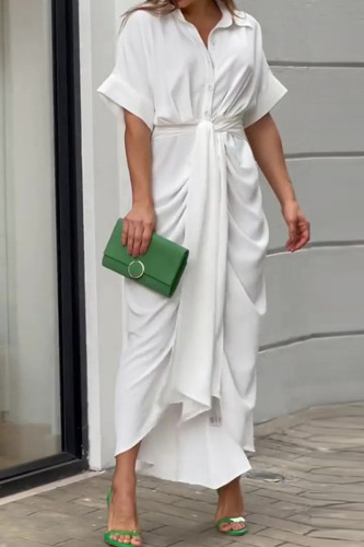 White Casual Solid Patchwork Buckle Fold Turndown Collar Shirt Dress Dresses