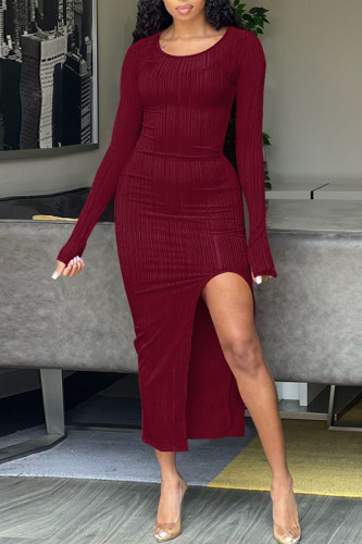 Burgundy Sexy Solid Patchwork Slit O Neck One Step Skirt Dresses