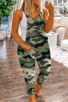 Camouflage Street Print Solid Ripped Patchwork Buttons Off the Shoulder Regular Jumpsuits