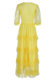 Yellow Elegant Solid Patchwork V Neck Evening Dress Dresses