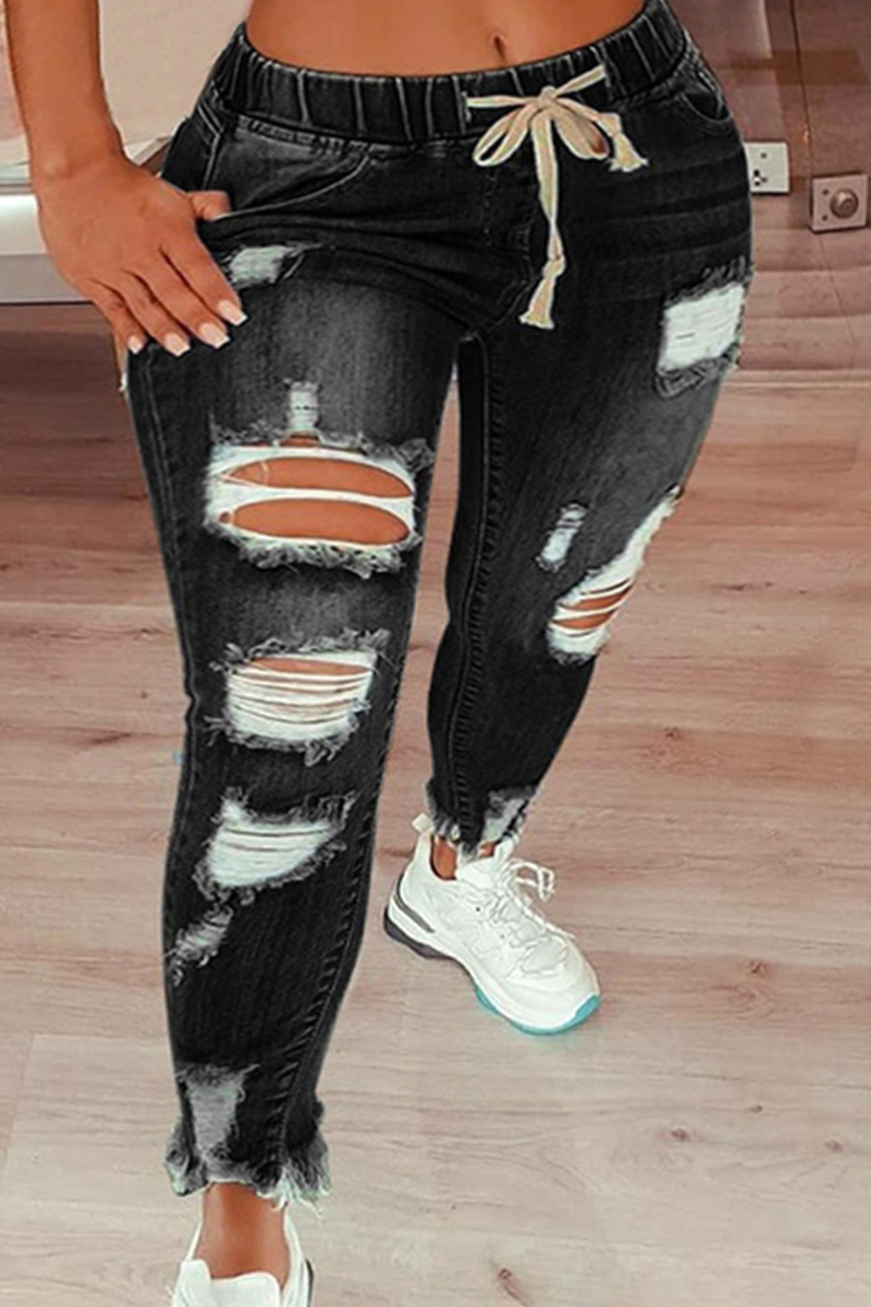 Wholesale Black Fashion Casual Solid Ripped Plus Size Jeans K57804-1 Online