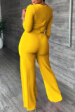 Yellow Fashion Casual Solid Patchwork Turndown Collar Regular Jumpsuits