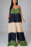 Green Casual Tie Dye Patchwork Spaghetti Strap Loose Jumpsuits