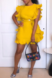 Yellow Casual Solid Patchwork Flounce O Neck One Step Skirt Dresses