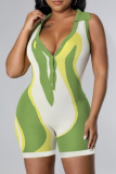 Ink Green Sexy Print Patchwork Turndown Collar Skinny Jumpsuits