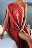 Red Casual Solid Patchwork One Shoulder Straight Dresses