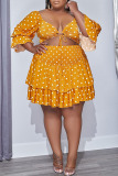Yellow Sexy Print Polka Dot Hollowed Out Patchwork Frenulum Flounce Fold V Neck Plus Size Dresses