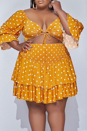 Yellow Sexy Print Polka Dot Hollowed Out Patchwork Frenulum Flounce Fold V Neck Plus Size Dresses