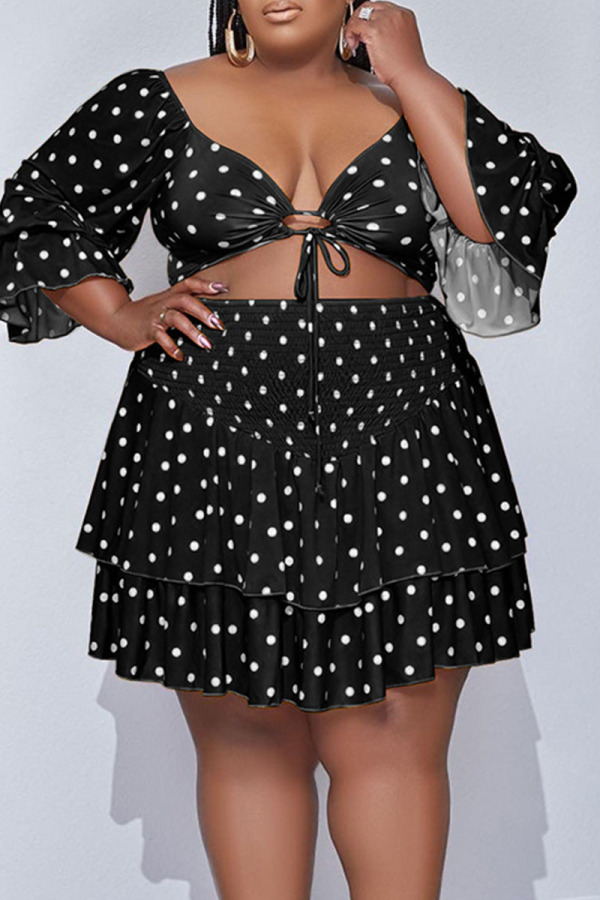 Black Sexy Print Polka Dot Hollowed Out Patchwork Frenulum Flounce Fold V Neck Plus Size Dresses