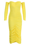 Yellow Sexy Solid Patchwork Fold Asymmetrical Off the Shoulder Pencil Skirt Dresses