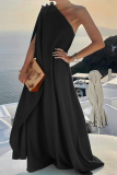 Black Casual Solid Patchwork One Shoulder Straight Dresses