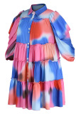 Caramel Colour Casual Print Patchwork Buckle Turndown Collar Shirt Dress Plus Size Dresses